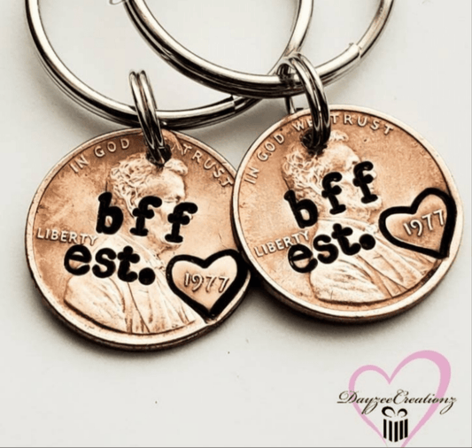 best friend penny keychains with heart around year and custom text