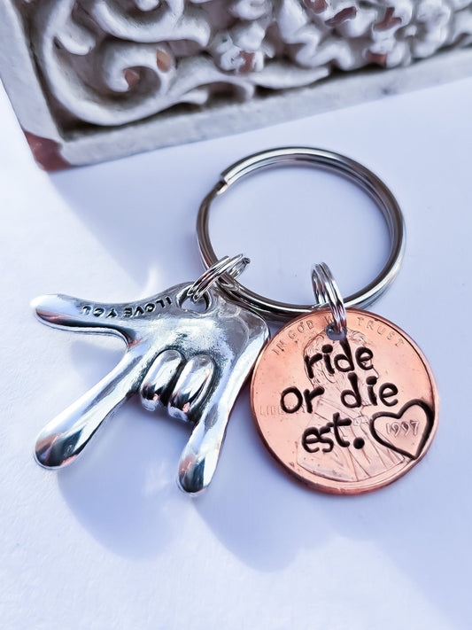 Ride or Die Penny Keychain with ASL charm - DAYZEECREATIONZ, PERSONALIZED GIFTS-1