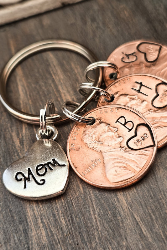 Personalized Penny Keychain for Mom with heart Charm- kids birth pennies with initials stamped above penny year - DAYZEECREATIONZ, PERSONALIZED GIFTS