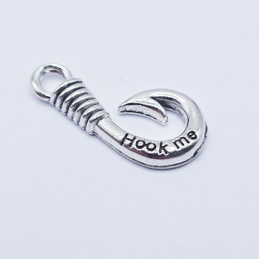 silver fishing hook charm with "hook me" imprinted