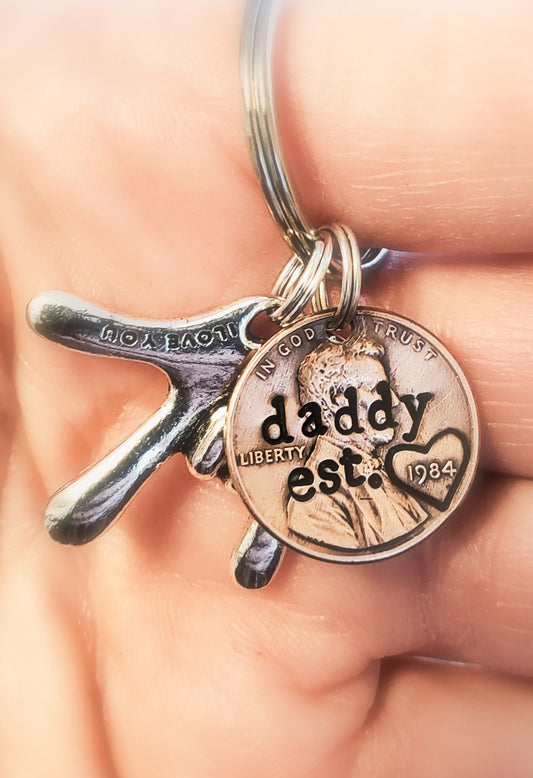Personalized Daddy Penny Keychain with ASL I love you Charm