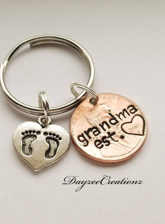 Meaningful Custom Gift for Grandma, Personalized Penny Keychain with Baby Footprint Charm