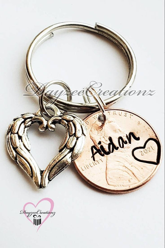 Personalized Penny from Heaven Keychain with Heart shaped Angel wing charm