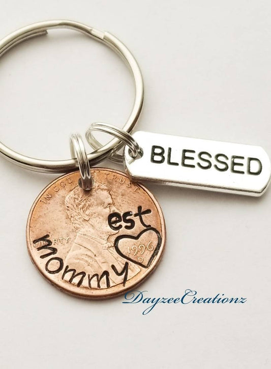 Custom Gift for Mom, Penny Keychain with Blessed Charm