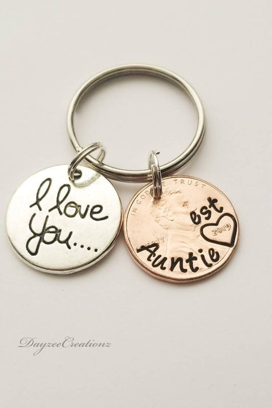 Personalized Aunt Penny Keychain with I love you charm