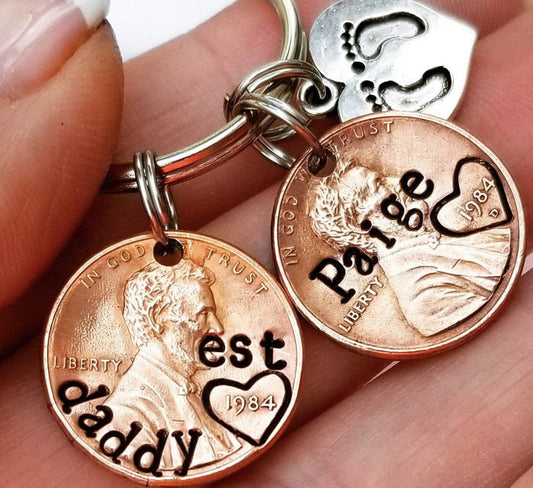 Personalized Daddy Penny Keychain with Kids' names & heart/footprint charm