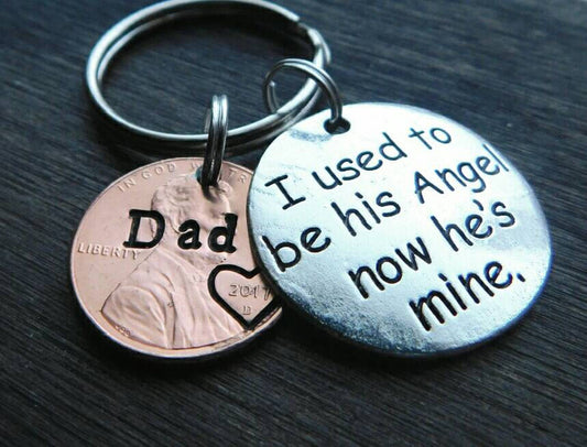 Sympathy Memorial Keepsake Gift, Penny from Heaven Keychain, Personalized, with "I used to be his angel " charm