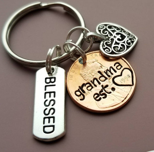 Personalized Penny Keychain with Grandma stamped, filigree heart , blessed charms