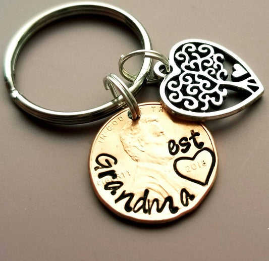 Creative Personalized Gift For Grandma, Penny Keychain with Tree of Life Charm