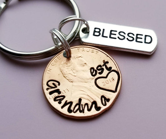 Personalized Custom Gift for Grandma, Lucky Penny Keychain with Blessed Charm