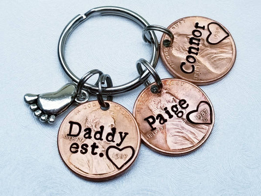 Personalized Dad Penny Keychain with kids' names and baby foot charm