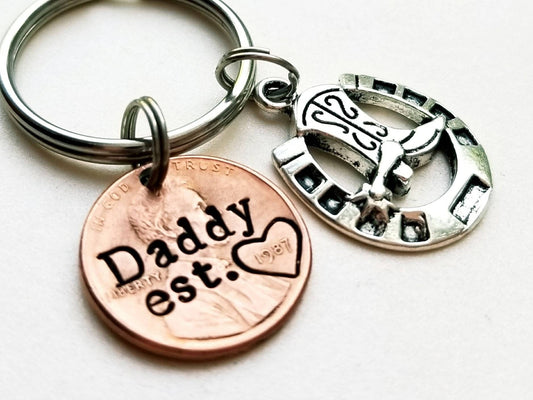 Personalized Dad Penny Keychain with Horseshoe/Cowboy boot charm
