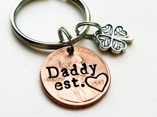 Personalized Dad Penny Keychain with four leaf clover charm