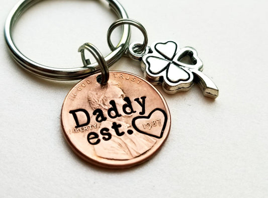 Personalized Dad Penny Keychain with four leaf clover charm