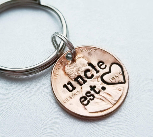 Personalized Uncle est. Lucky Penny Keychain, Father's Day Gift,  for Him, Husband, from Child, Nephew, Birthday, Christmas, Valentine's Day