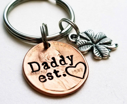 Personalized Penny Keychain with four leaf clover charm
