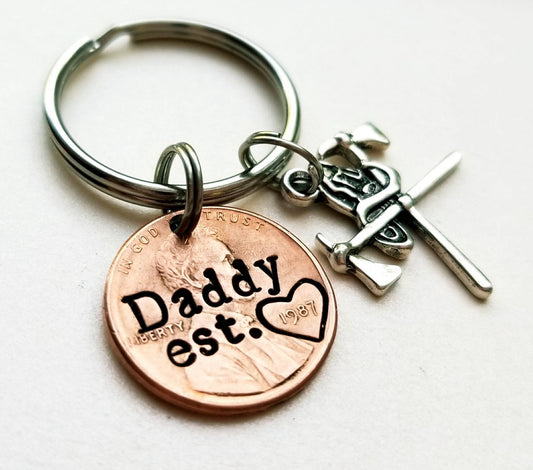 Personalized Dad Penny Keychain with Fireman's Axe Charm