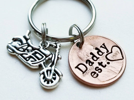 Personalized Dad Penny keychain with Motorcycle charm