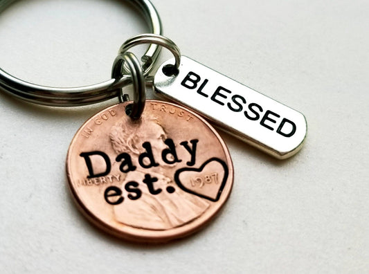 Personalized Dad Penny Keychain with Blessed Charm