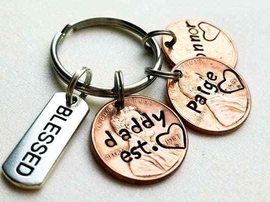 Personalized Dad Penny Keychain with Kids' names & Blessed Charm
