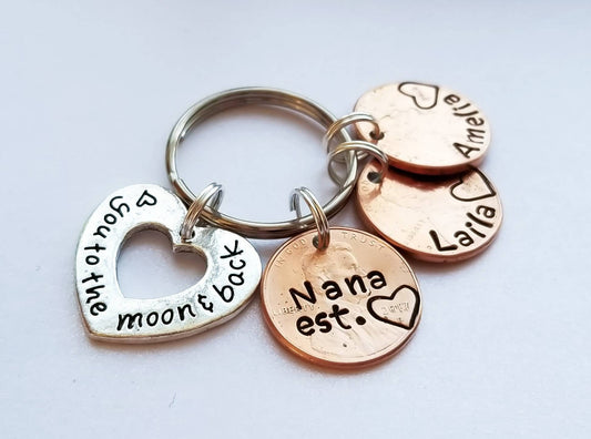 Personalized Custom Penny Keychain for Grandma or Mom with Kid's Pennies