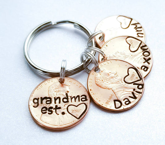 Personalized Custom Penny Keychain for Grandma, with Grandchild's Name