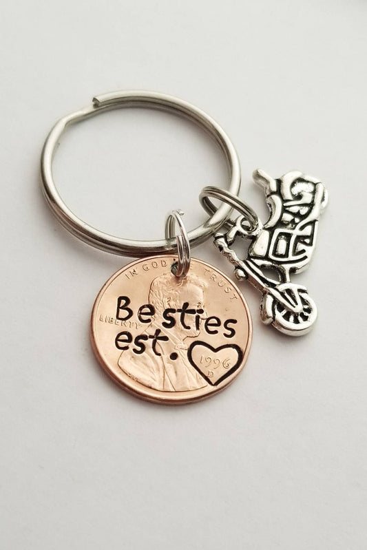 Besties/Bff/Best friend penny keychain w/motorcycle charm