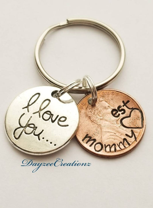 Personalized Mommy Penny Keychain with I love You charm