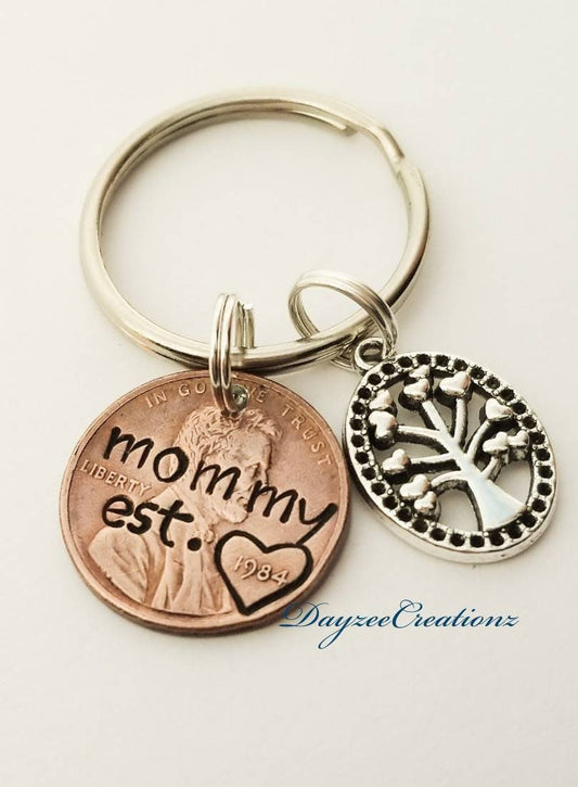 Custom Penny Keychain for Mother's Day with Tree of Life charm
