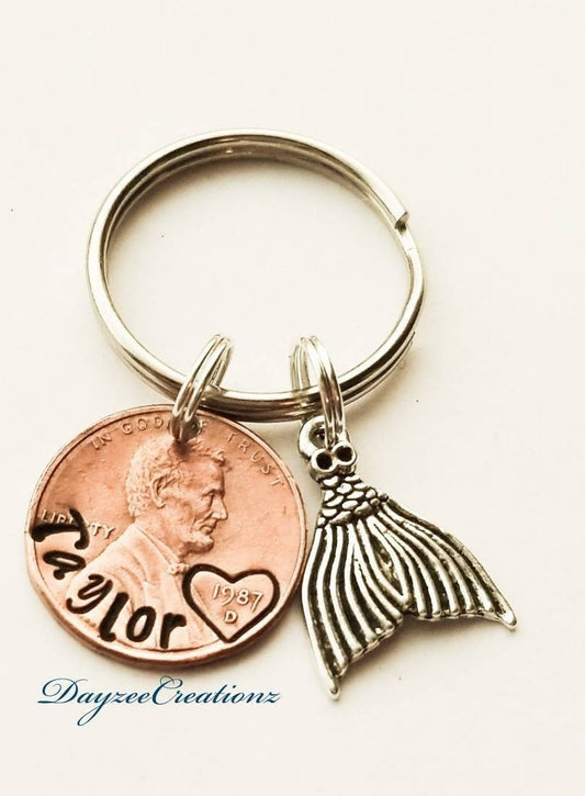 Custom name penny keychain with mermaid tail charm