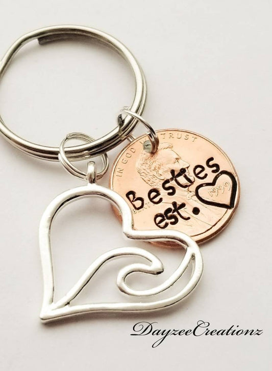Best Friend penny keychain with heart/wave charm