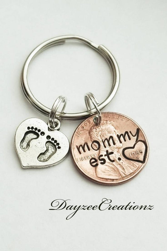 Customizable Mommy Penny Keychain with Baby Footprint Charm