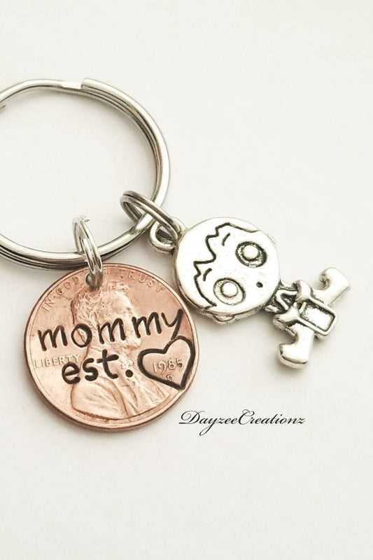 Lucky Personalized Penny Keychain for Mother's Day, with Baby charm