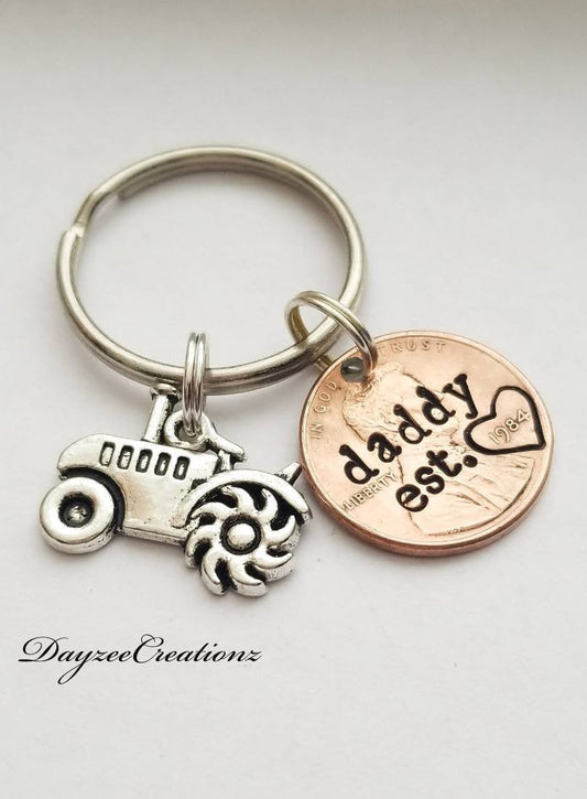 Personalized Dad Penny Keychain with Tractor Charm