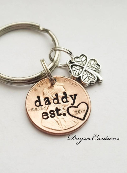 Personalized daddy penny keychain with four leaf clover charm dayzeecreationz personalized gifts