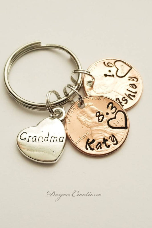 Penny Keychain Personalized with Names & Birthdate for Grandma