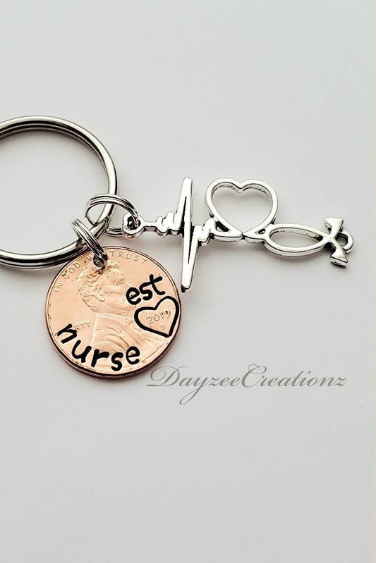 Nurse penny keychain with charm shown