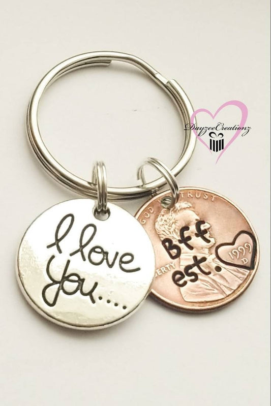 Best Friend / BFF penny keychain with round "i love you" charm