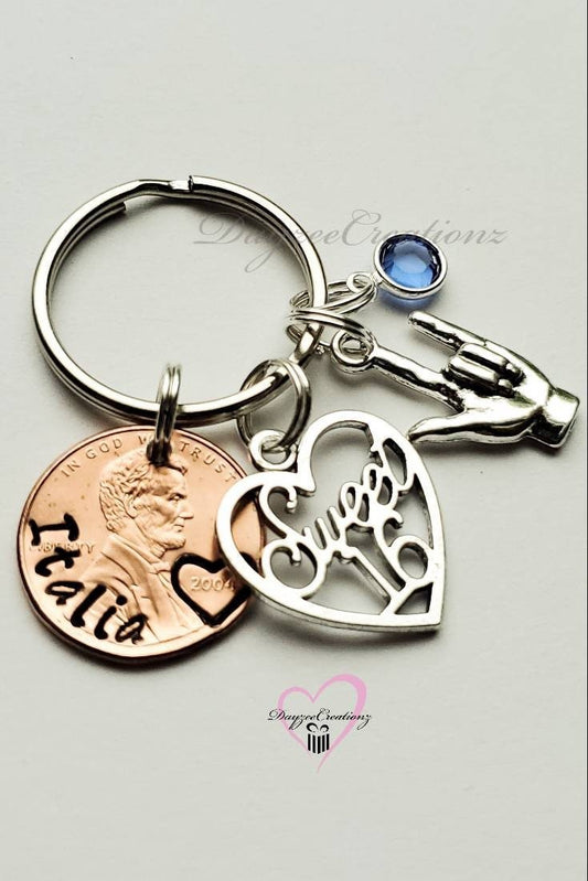 Sweet 16 penny Keychain with ASL & birthstone charms