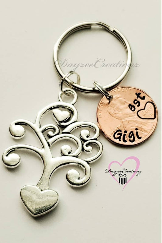 Truly Unique Custom Gift for Grandma, Stamped Penny Keychain with Tree of Life Charm