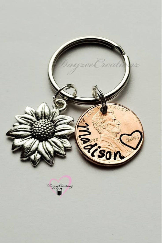 Custom Name Penny keychain w/ sunflower charm