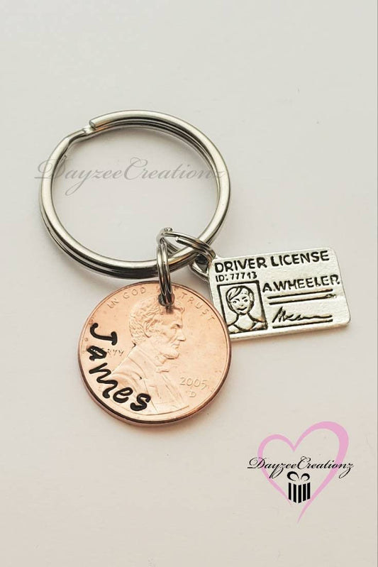 Name Penny Keychain with driver's license charm