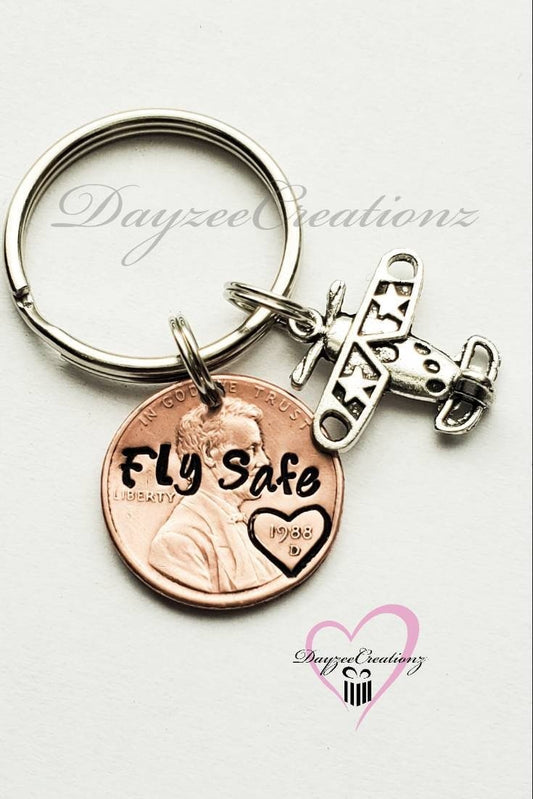 Fly Safe Keychain, Penny Keychain with Airplane Charm