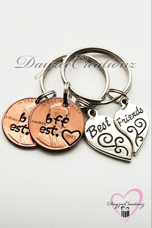 Pair of 2 Best Friend Penny Keychain with heart charms