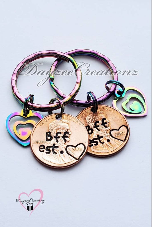 Best Friend/BFF penny keychain w/ rainbow heart charm