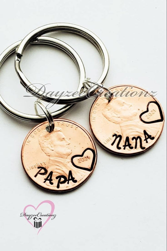 Pair of 2 Personalized Nana Papa Penny Keychains-Grandma/Grandpa