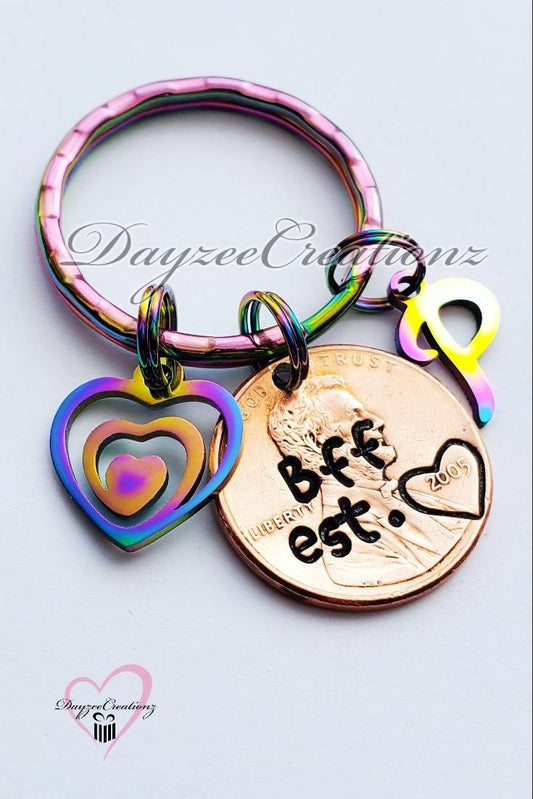 Best Friend/ BFF penny keychain with rainbow heart and initial charm