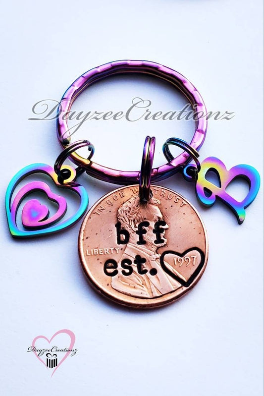 Best Friend Penny Keychain- Rainbow initial & heart charm