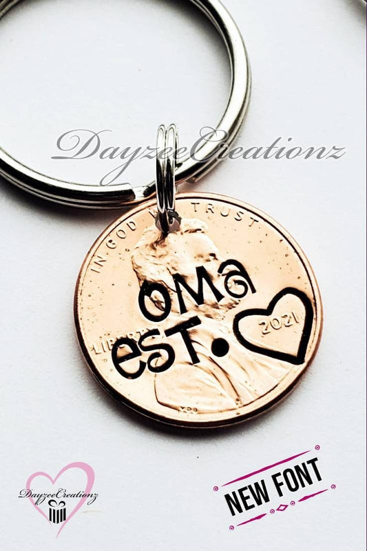 Custom Oma, Grandma Penny Keychain, Hand Stamped Gift