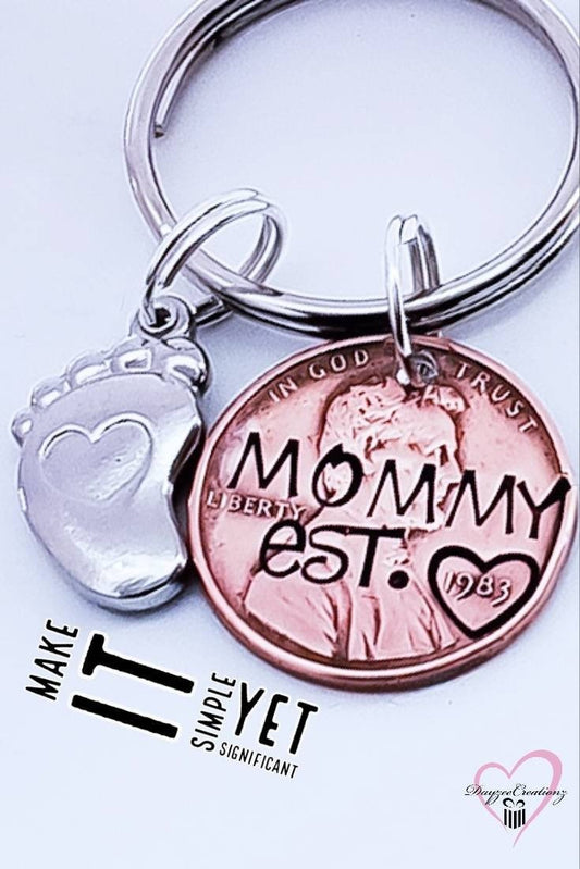 Personalized Penny Keychain for Mother's Day with Baby Foot Charm